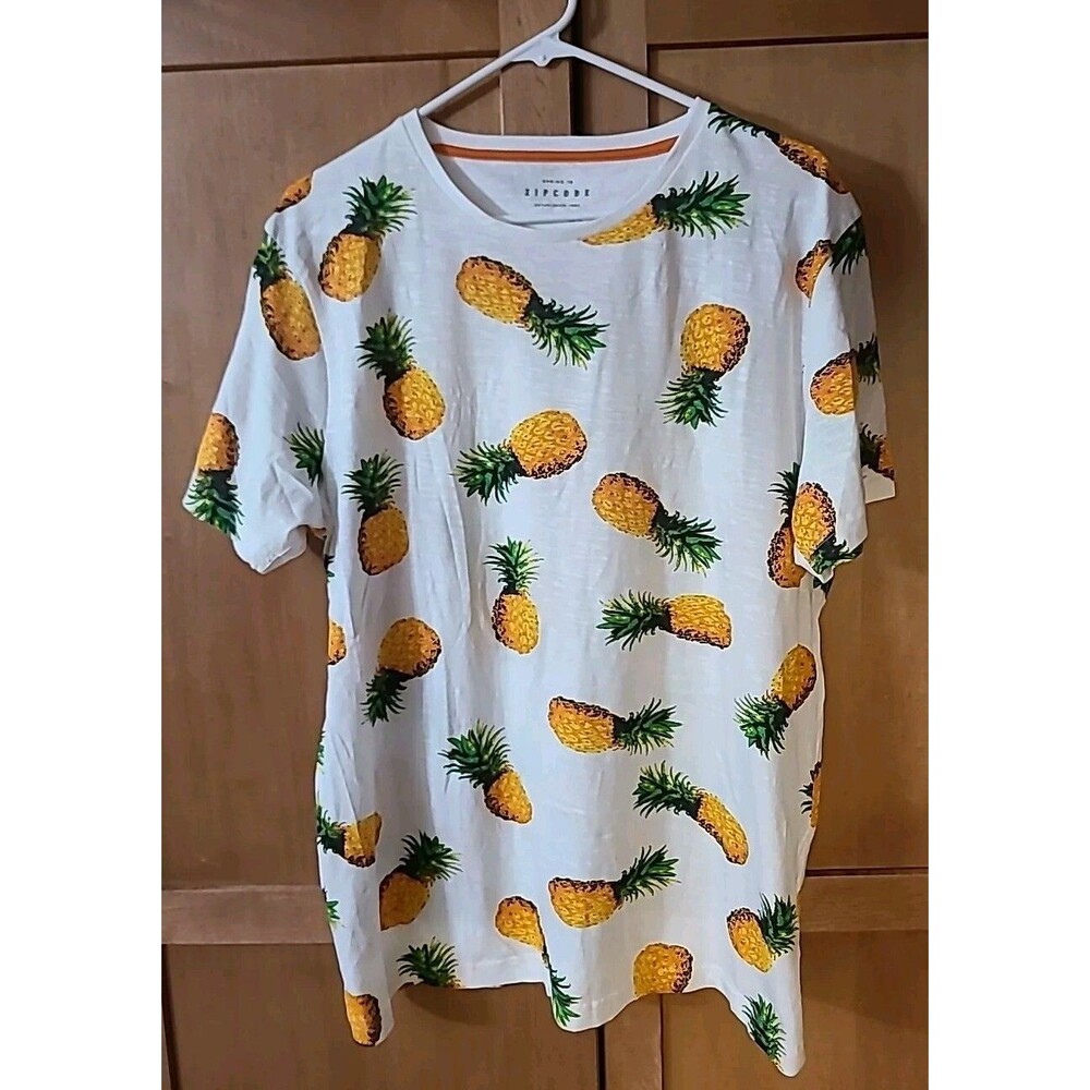 Zip Code  Pineapple T-shirt Mens Large White Crew Neck  Tropical  Hawaiian Fruit